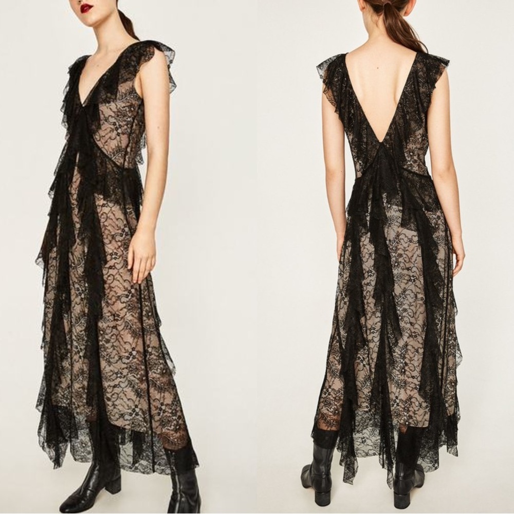 ZARA WOMAN STUDIO NWT PREMIUM Black & Nude Lace Ruffle Frill V Neck Maxi Dress - Picture 4 of 14